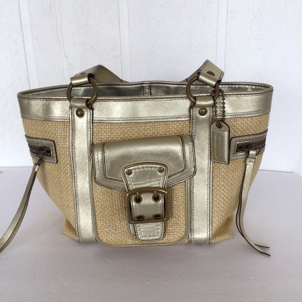 COACH LEGACY METALLIC GOLD AND STRAW HANDBAG